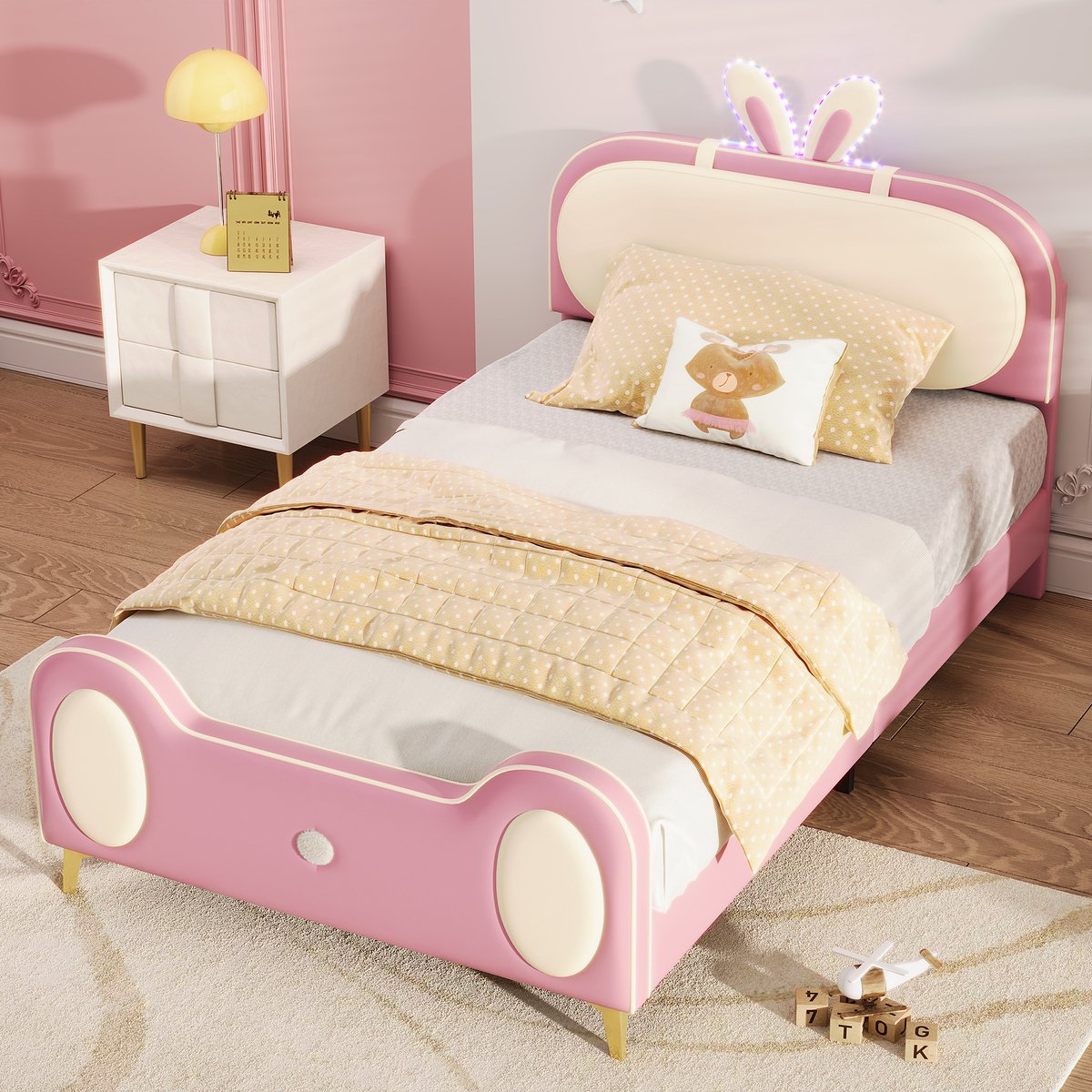 YJZQ Gestoffeerd bed met konijnenhoofdeinde eenpersoonsbed kinderbed met LED-strip massief houten lattenbodem en ijzeren buisframe MDF + PU-leder materiaal beige + roze 90x200cm
