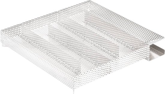 Vierkante metalen tray met 5 compartimenten en geperforeerd ontwerp.