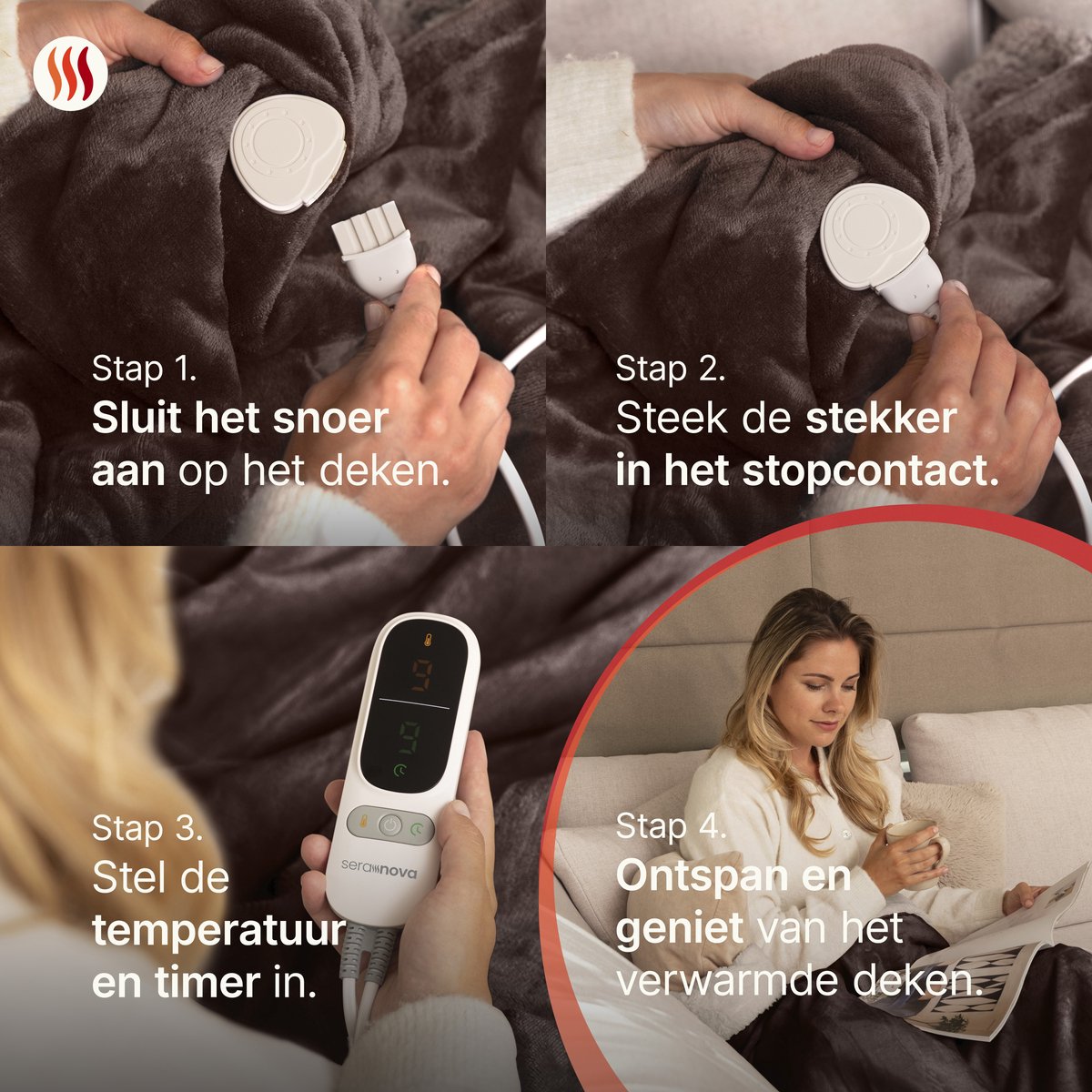 Seranova Elektrische Deken XXL - Extra Warmtedraden - Premium Model - 180x160 cm - 2 persoons Warmtedeken - Dubbelzijdig Fleece Sherpa - Kastanjebruin – foto 7