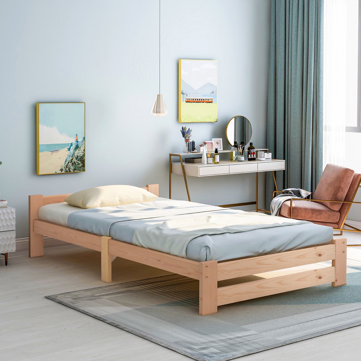 Gutent Massief Houten bed, Eenpersoons, met Hoofdbord en Lattenbodem, Natuurlijke Kleur, 200x90 cm (Zonder matras), futonbed, massief houten bed naturel