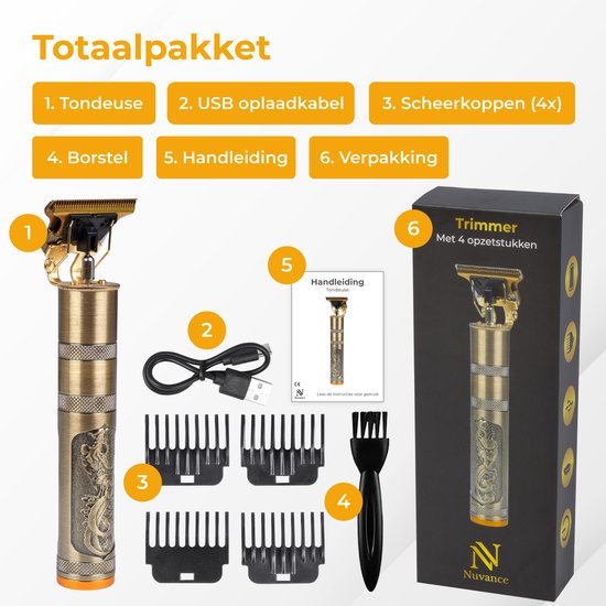 Nuvance - Tondeuse à cheveux pour hommes - Tondeuse à cheveux pour tête - Comprend 4 accessoires - Tondeuse à barbe et tondeuse à cheveux pour hommes - Rechargeable par USB
