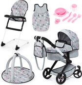Bol.com XEO poppenwagenset met tas kinderstoel slaapzak speelboog poppenaccessoires in grijs aanbieding