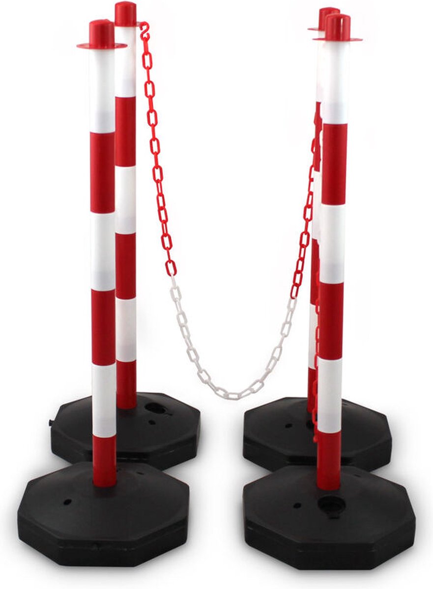 BITUXX - Kettingpaal - Afzetpaal - 4 stuks - Incl. 3x 1,50m ketting - Rood/Wit