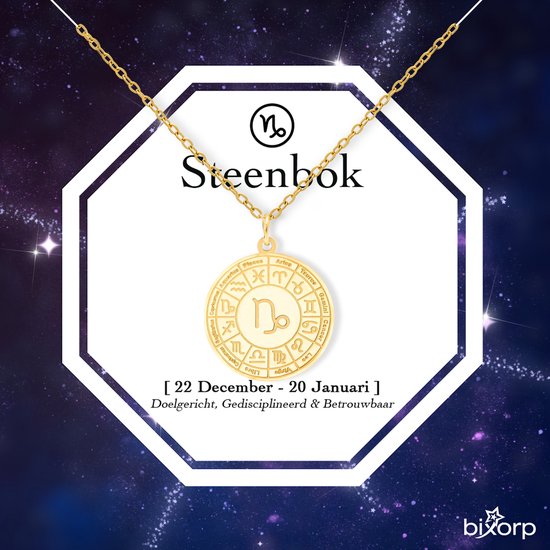 Bixorp Stars Sterrenbeeld Ketting Steenbok / Capricorn - Stainless Steel Medailon met Goud Verguld - 45cm Ketting met Zodiac Hanger - Inclusief Cadeau Verpakking