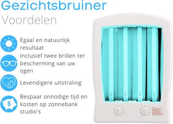 Witte gezichtsbruiner met zes blauwe UV-lampen en informatie over de voordelen.