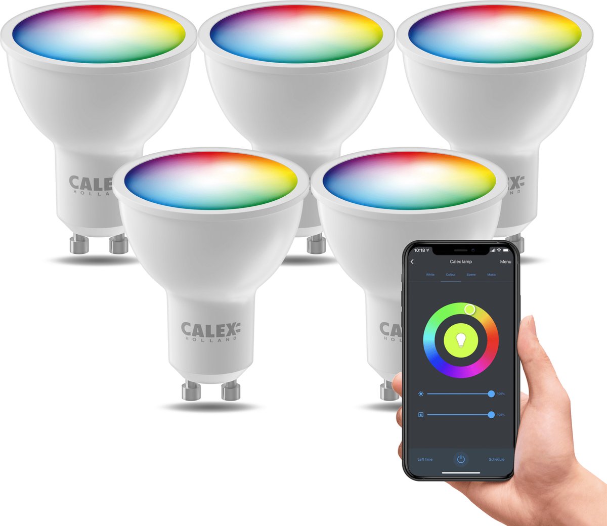 Bol.com Calex Slimme Lamp - Kleurlamp set van 5 stuks - Wifi LED Verlichting - GU10 - Smart Lamp - Dimbaar - RGB en Warm Wit - 4.9W aanbieding