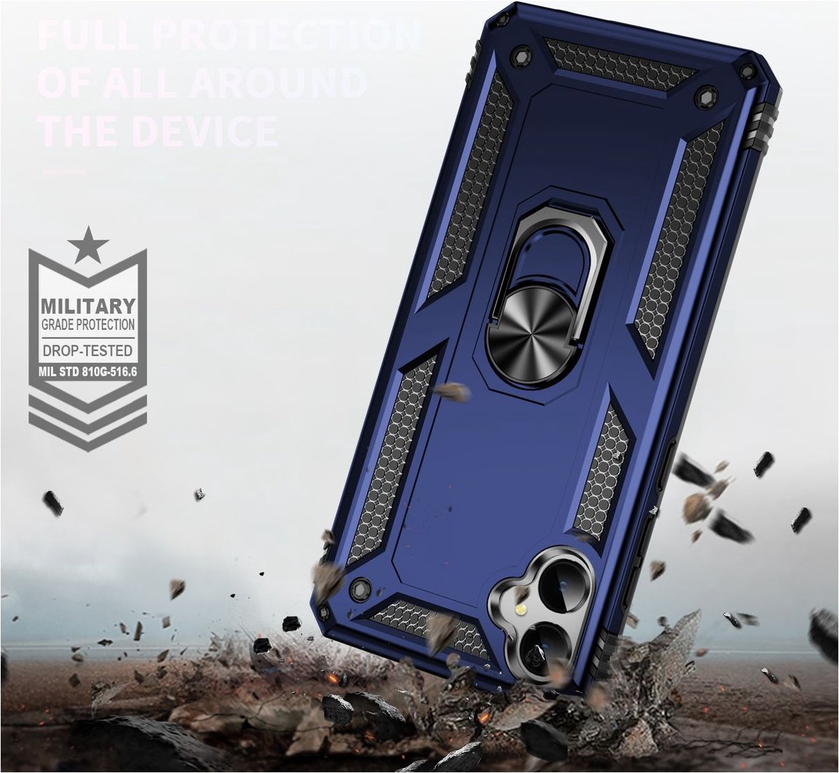 Mobigear Hoesje geschikt voor Samsung Galaxy A05 Telefoonhoesje Hardcase | Mobigear Armor Ring Backcover Shockproof met Ringhouder | Schokbestendig Galaxy A05 Telefoonhoesje | Anti Shock Proof - Blauw