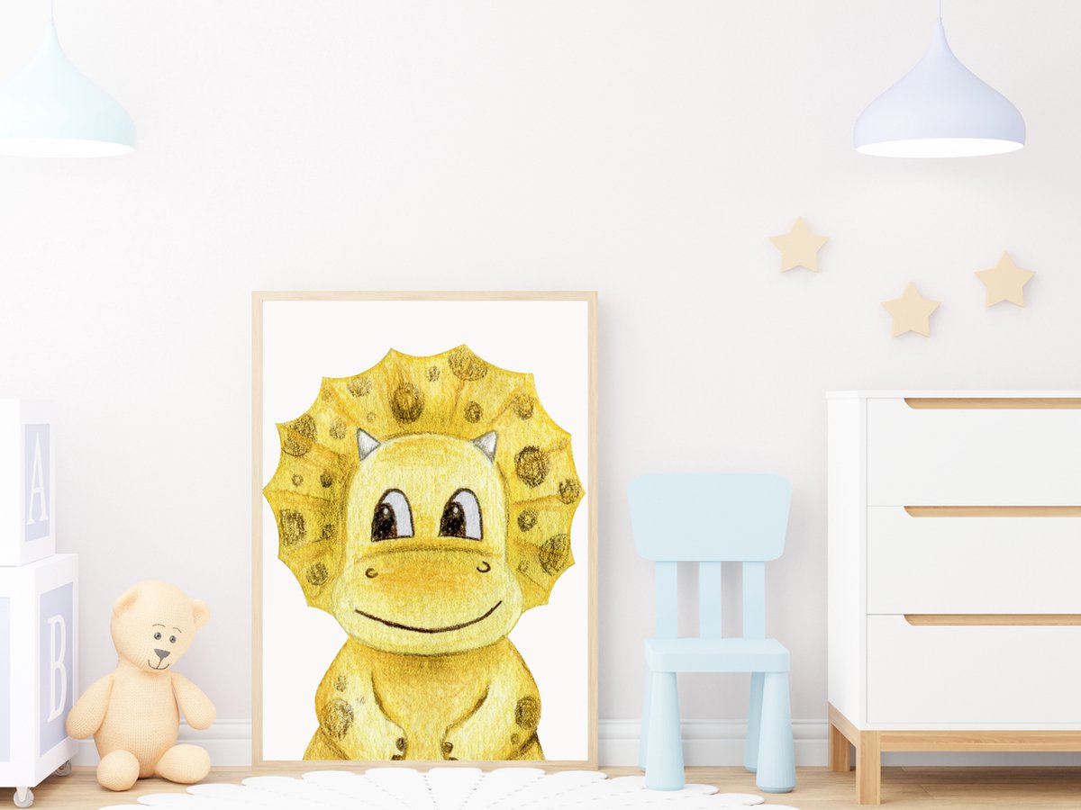 A4 Poster Kinderkamer - Gele Lachende Dino - Babykamer Decoratie - Dinosaurus Thema