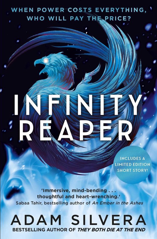 Boek 'Infinity Reaper' met een blauwe feniks op een donkere achtergrond met vlammen. Inclusief korte tekst over de inhoud.