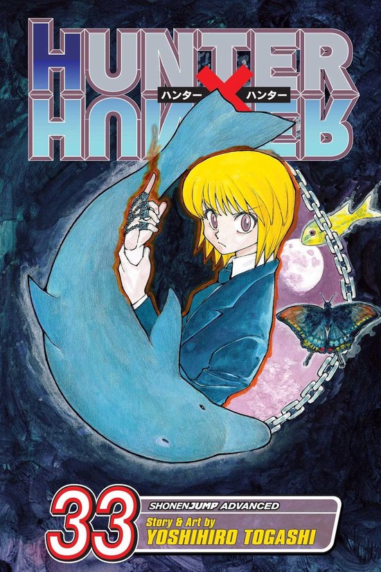 Hunter x Hunter manga volume 33 avec un garçon aux cheveux blonds et un manteau bleu, entouré d'une baleine bleue, d'un poisson et d'un papillon.