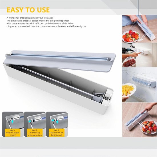 Quasziwa Derouleur Voedselfolie, magnetisch, dispenser van aluminium en folie met scherpe messen, snijder voor keukenladen, dispenser voor voedselfolie, wandmontage, met folie, 50 m, wit