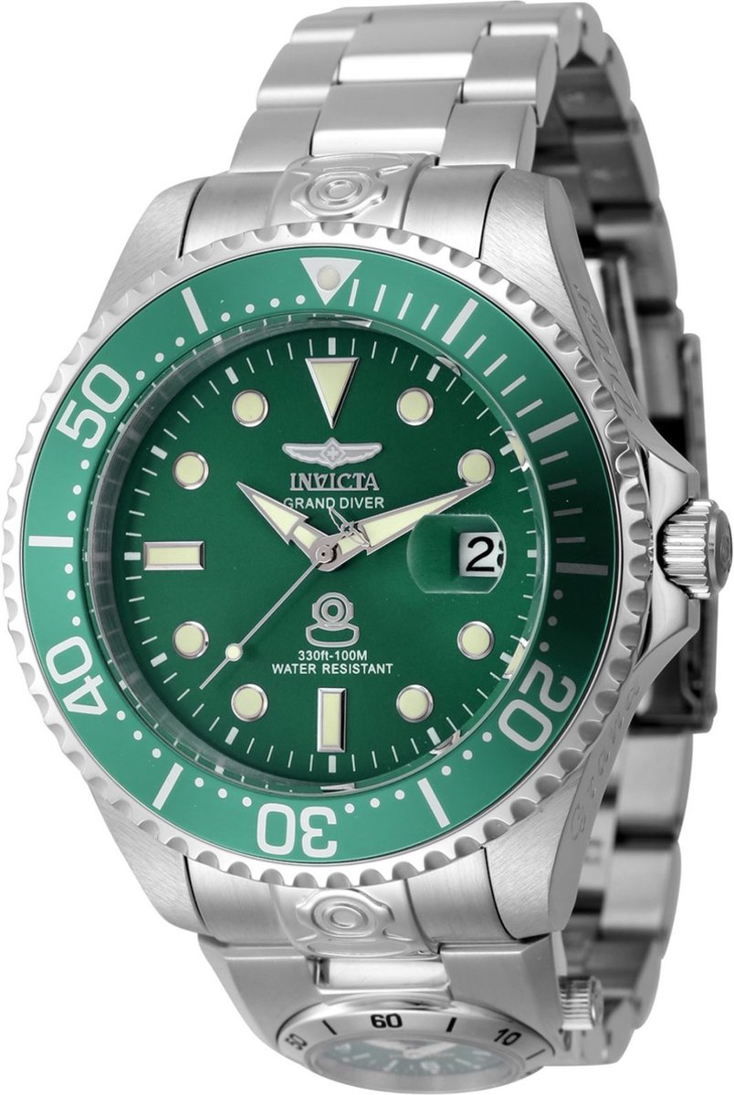 Invicta Grand Diver 45811 Heren Horloge - Waterdicht - Analoog - Automatisch Uurwerk - Roestvrij Staal met groene Wijzerplaat