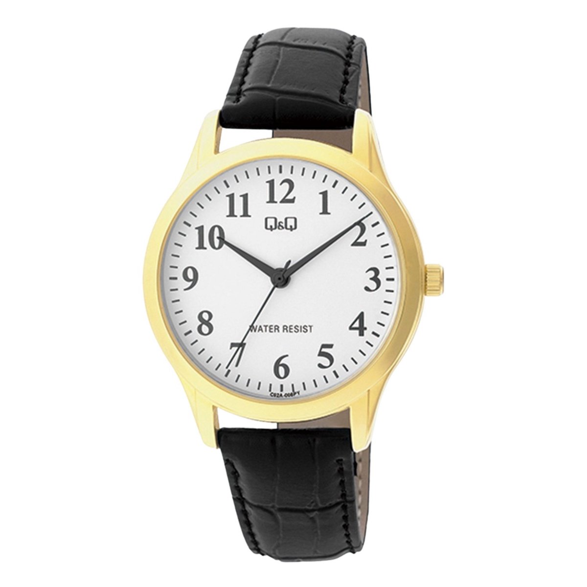 QQ C02A-008PY - Horloge - Heren - Mannen - Leren band - Rond - Staal - Zwart - Goudkleurig