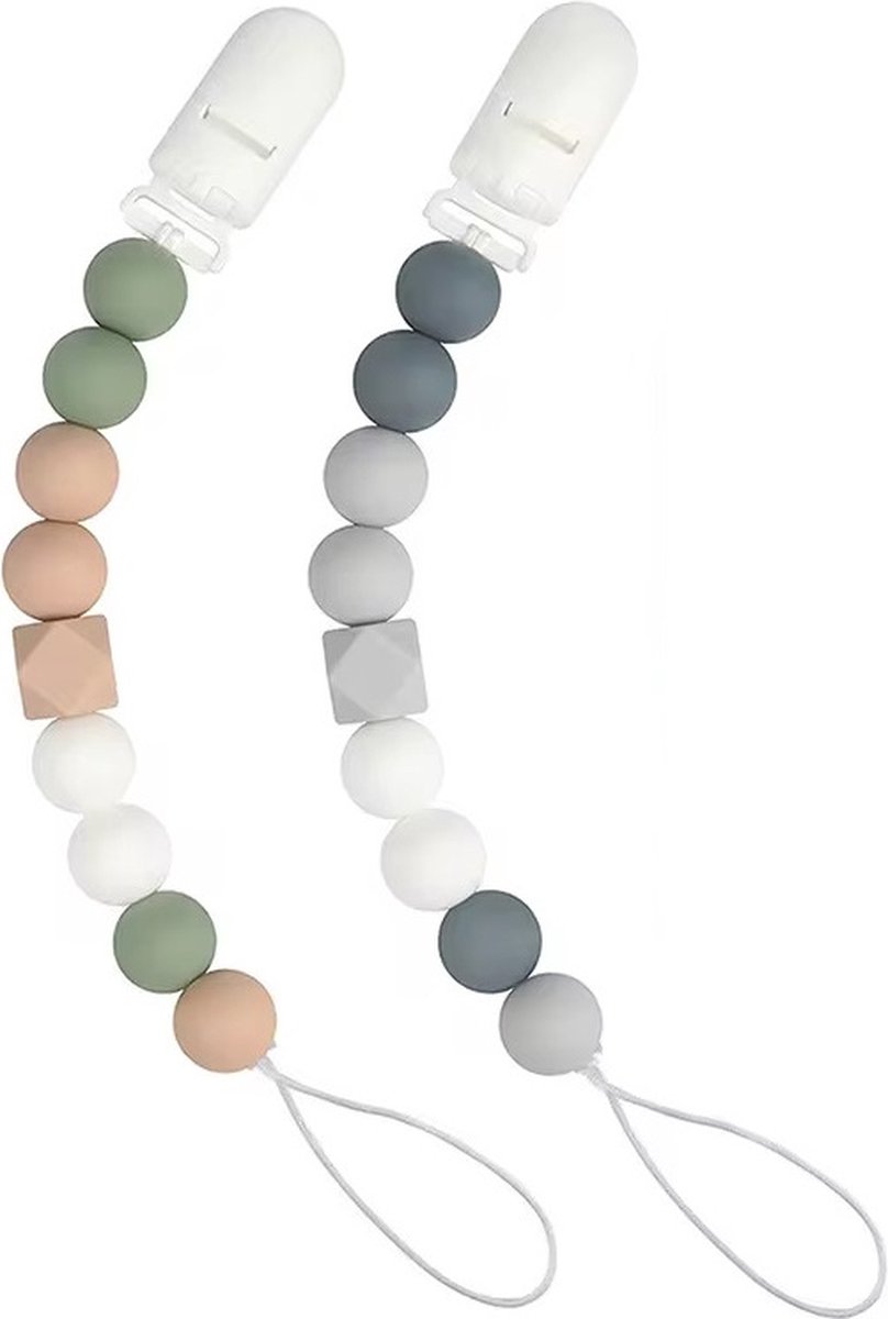 Goedkoopste 2 Stuks - Speenkoord Baby - Siliconen Kralen - GROEN Beige, Blauw Wit