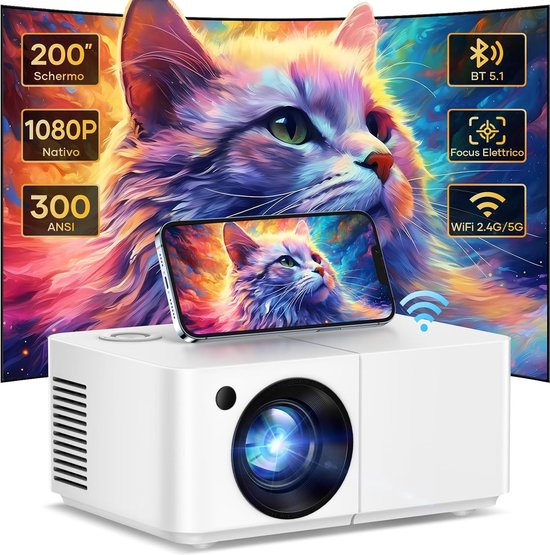 VenirCool - 1080P Draagbare Mini Beamer met Elektrische Focus, 5G WiFi & Bluetooth – Max 200'' Scherm, Geschikt voor Android/IOS/Windows