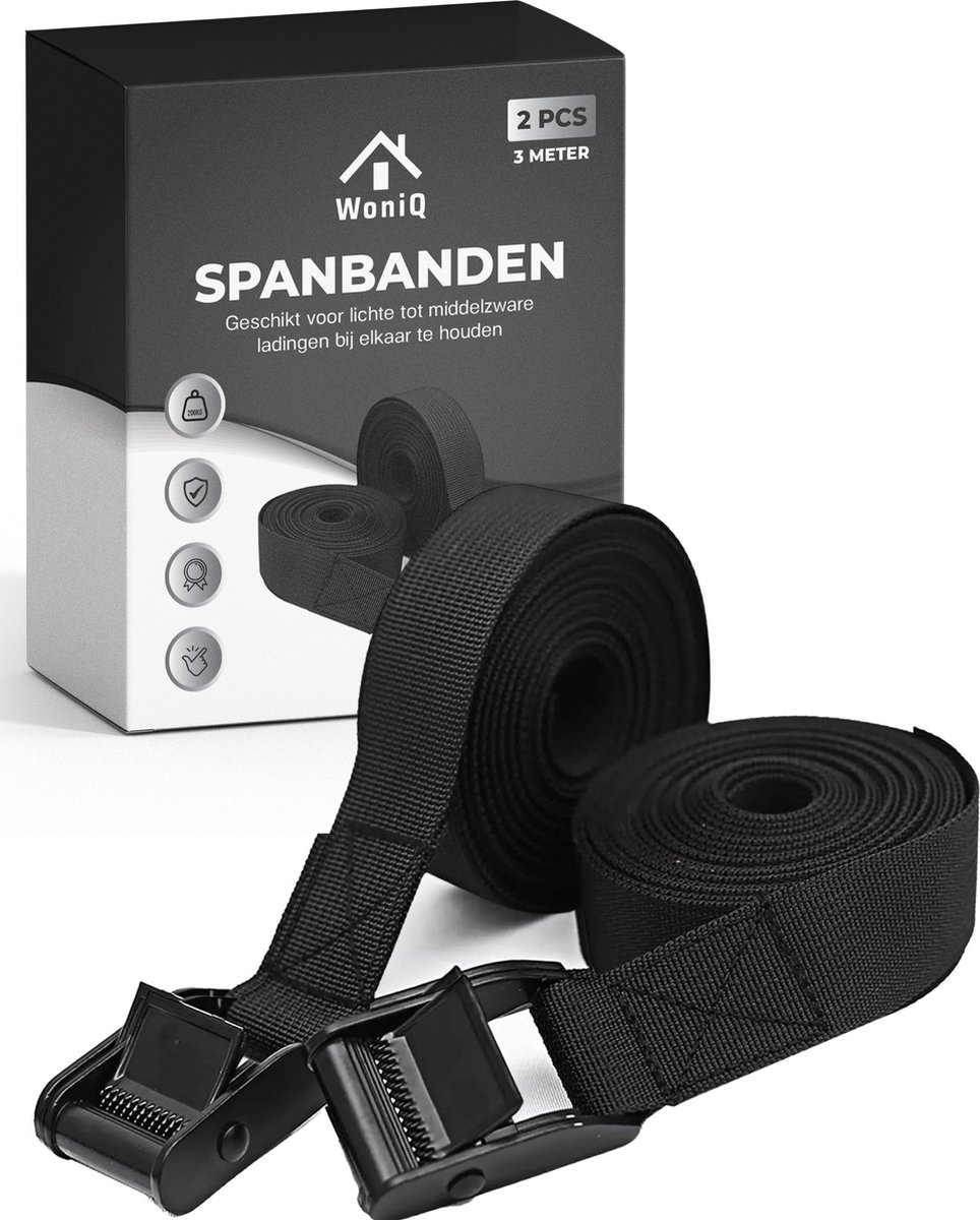 WoniQ Spanbanden - 3 meter - 2 stuks in de Verpakking - Sjorbanden - Fiets spanbanden met klemgesp - Bindriemen - Zwart