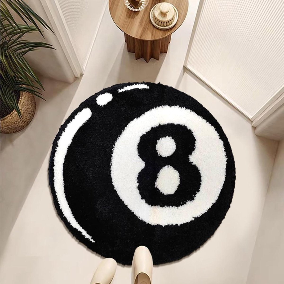 Vloerkleed Voor Woonkamer, Rond, Zwart, 8 Ballen, Klein Tapijt, Biljartmotief, Bedmat, Slaapkamer, Antislip, Wasbaar (Zwart, 60 cm