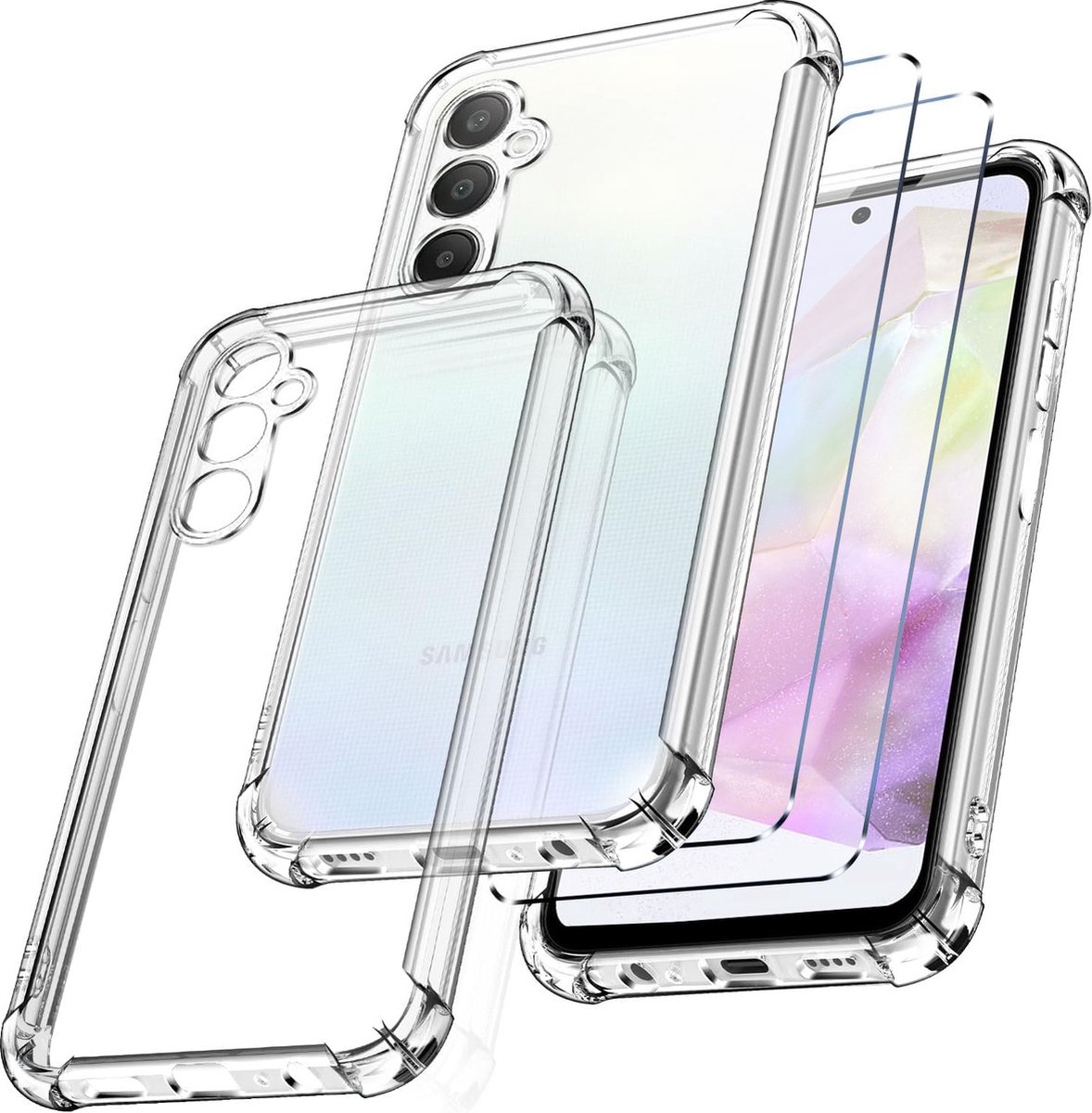 BixB hoesje geschikt voor Samsung A35 Hoesje Siliconen Shockproof Backcover- met 2 stuks screenprotector tempered glass - Transparant