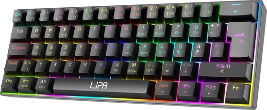 Lipa X23 Gaming keyboard Zwart - Draadloos - RGB verlichting - Tri-Mode - 61 Mechanische toetsen - FN multitoetsen - Compatibel met alle besturingen en consoles - Brown Switches - Ergonomisch en duurzaam