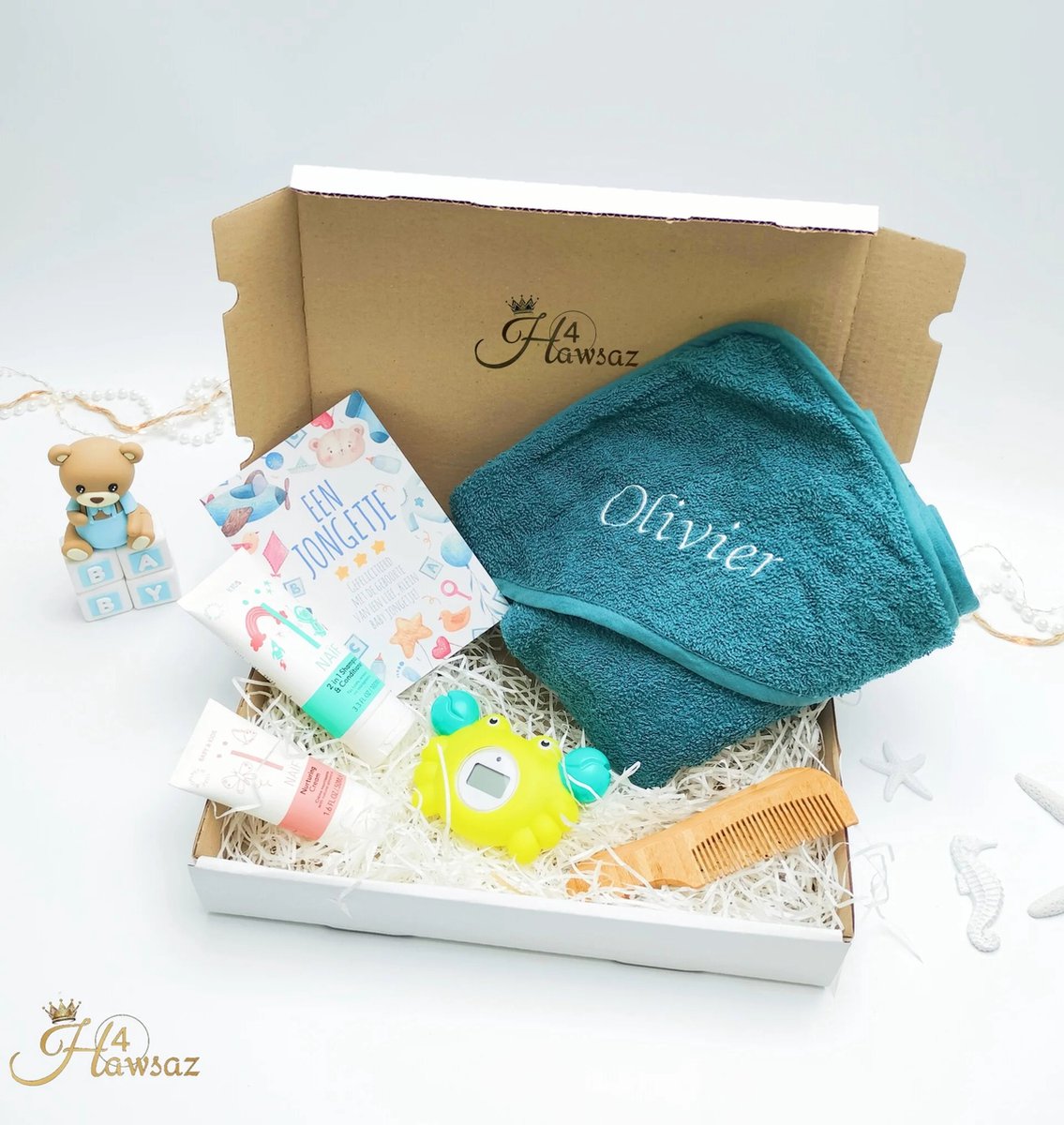 Goedkoopste Kraamcadeau 6 stuks - Hawsaz.nl cadeau - Houten kam - Badcape - Babyverzorging - Gepersonaliseerd met naam - Kraampakket - Geboortecadeau - Gepersonaliseerd - Babygeschenkset - Badthermometer/ Speelgoed
