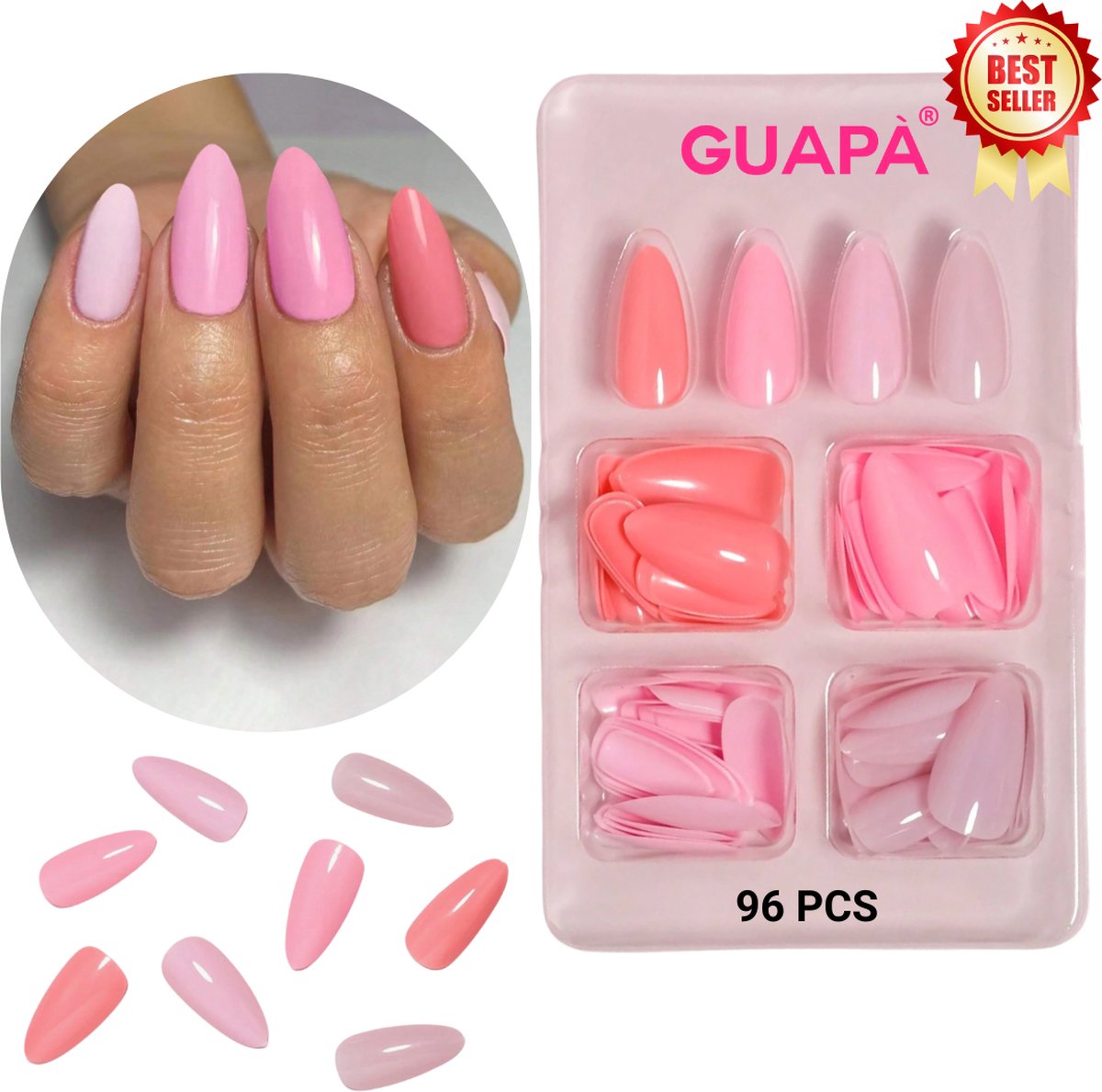 Goedkoopste GUAPÀ® Plaknagels | 96 stuks valse nagels | Press On Nails | Zelfklevende Plaknagels | Nepnagels | Kunstnagels | Compleet plaknagels starterspakket | Nagels Wraps | Nail Art | Zomer Nagels | 96 stuks plaknagels Roze Nude Tinten