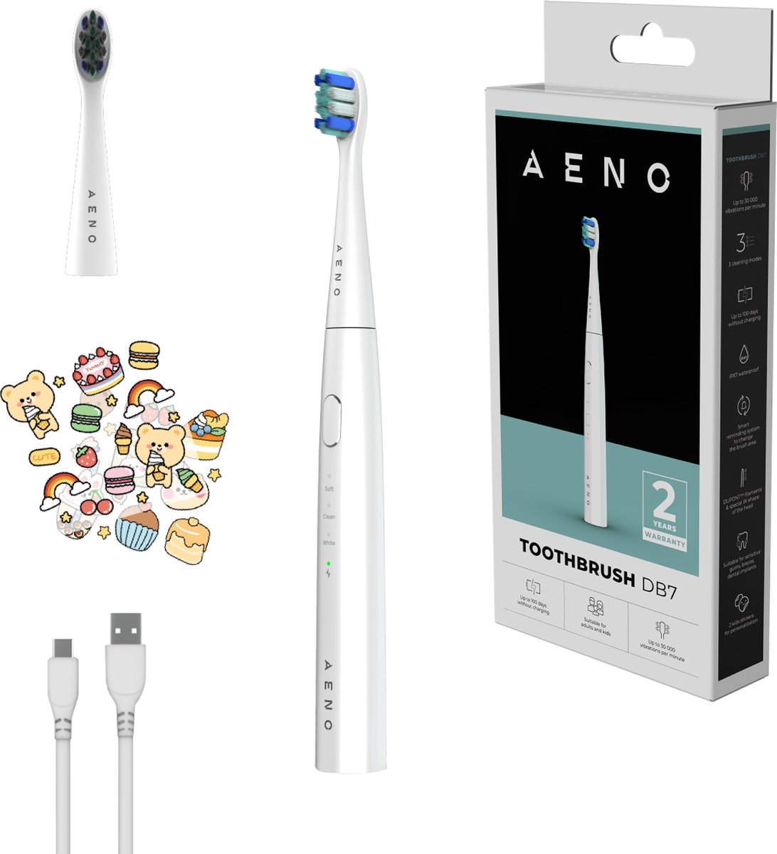 AENO DB7 - Sonische tandenborstel - Ook voor kinderen - 3 standen - 1 Opzetborstel - 30000 tpm - 100 dagen zonder opladen - IPX7 Wit