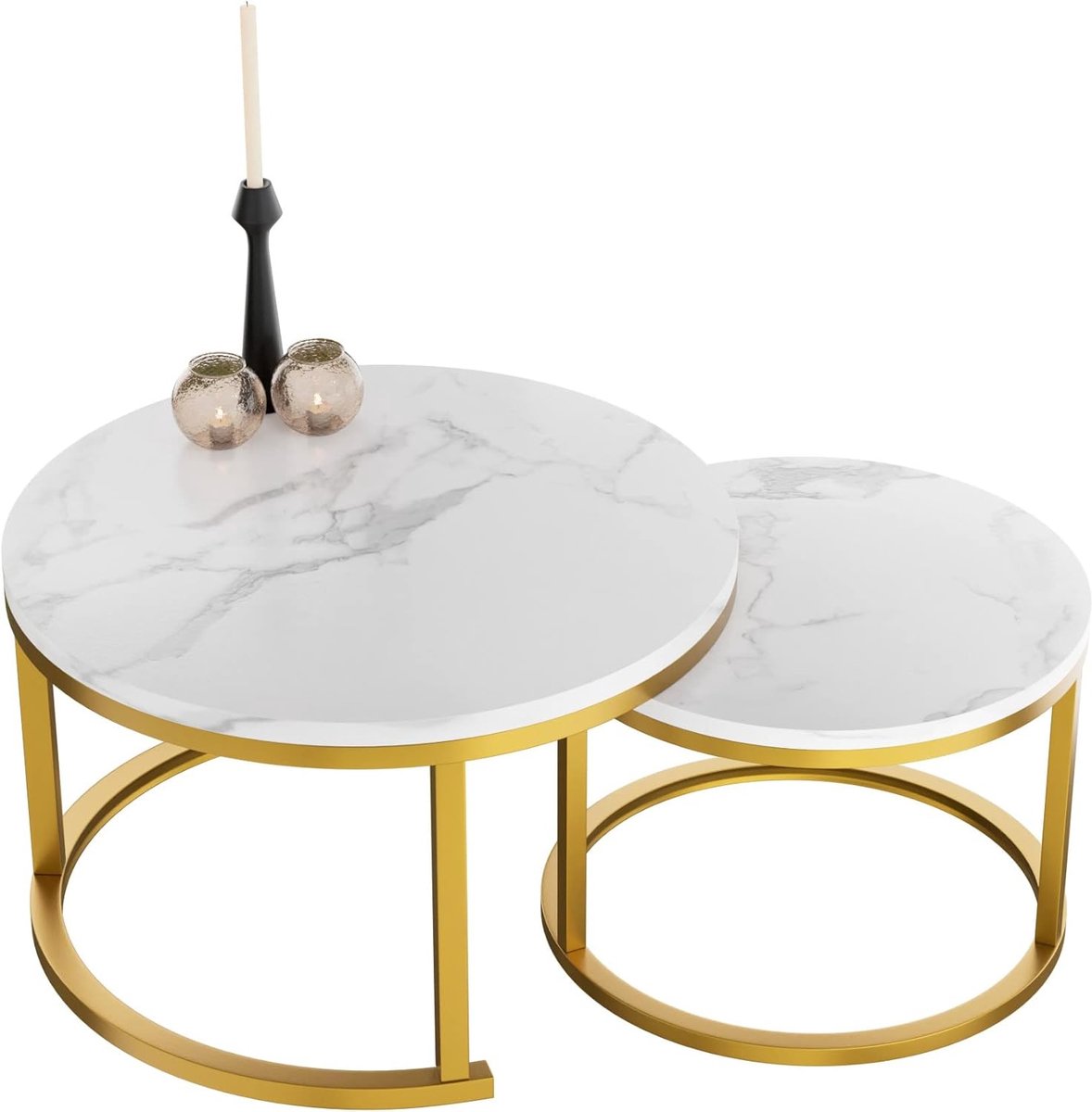 Goodivery ® Nieuwe salontafel rond marmer set van 2 – ronde banktafel in wit marmerlook met metalen frame in goudkleurig metalen frame – moderne tafel voor woonkamer, slaapkamer en balkon, Ø 70/Ø 50 cm