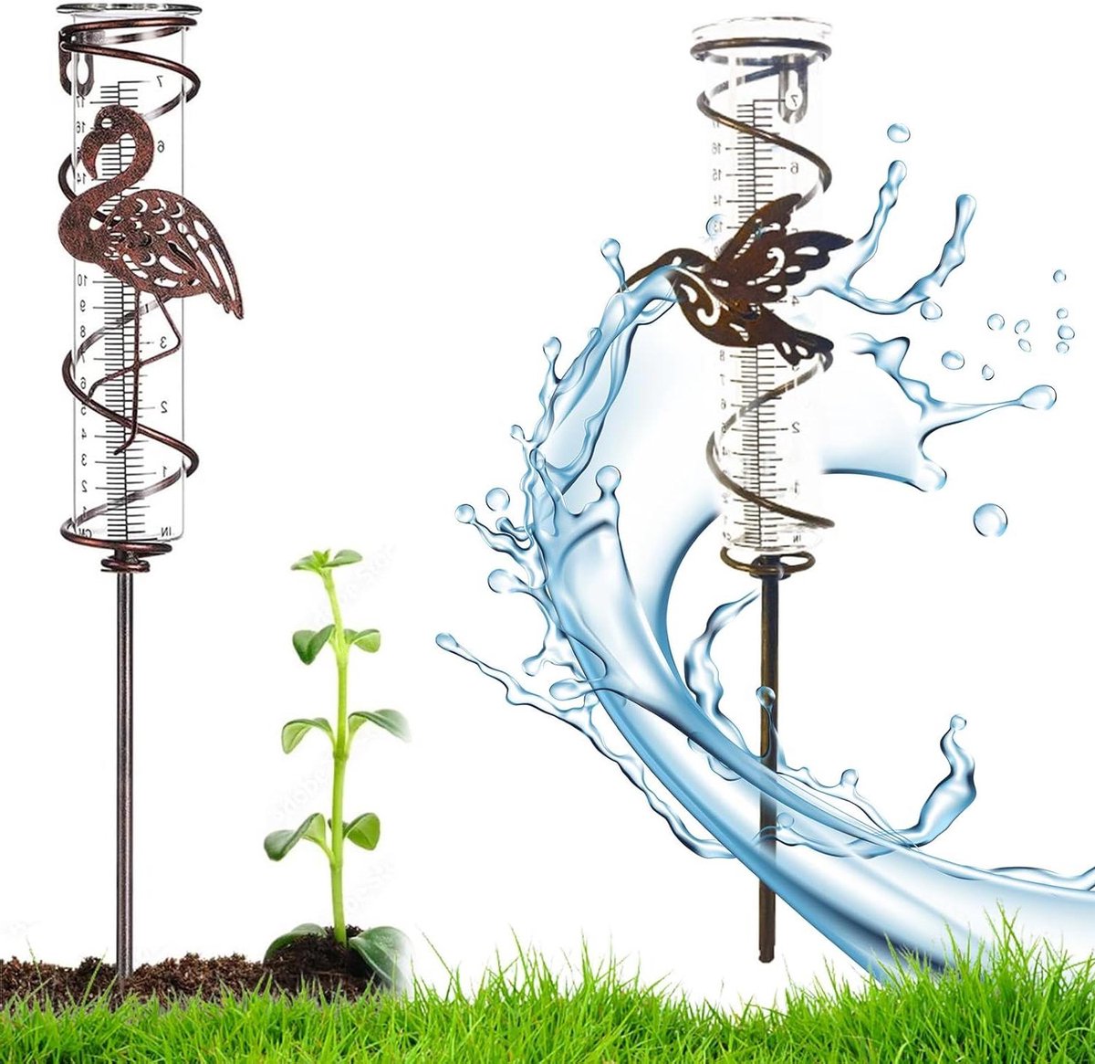 Regenmeter van glas neerslagmeter litermeter metaal vogel plantensteker heldere schaal voor tuin gazon terras