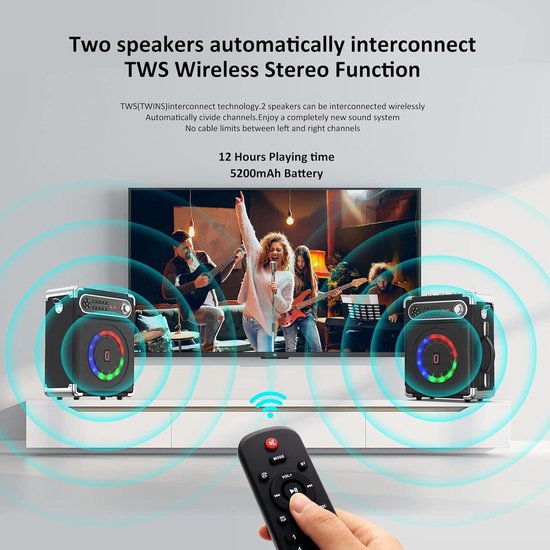 Karaokemachine Met 2 Draadloze Microfoons - Bluetooth Speaker Met LED-verlichting En Bas/Treble Regeling
