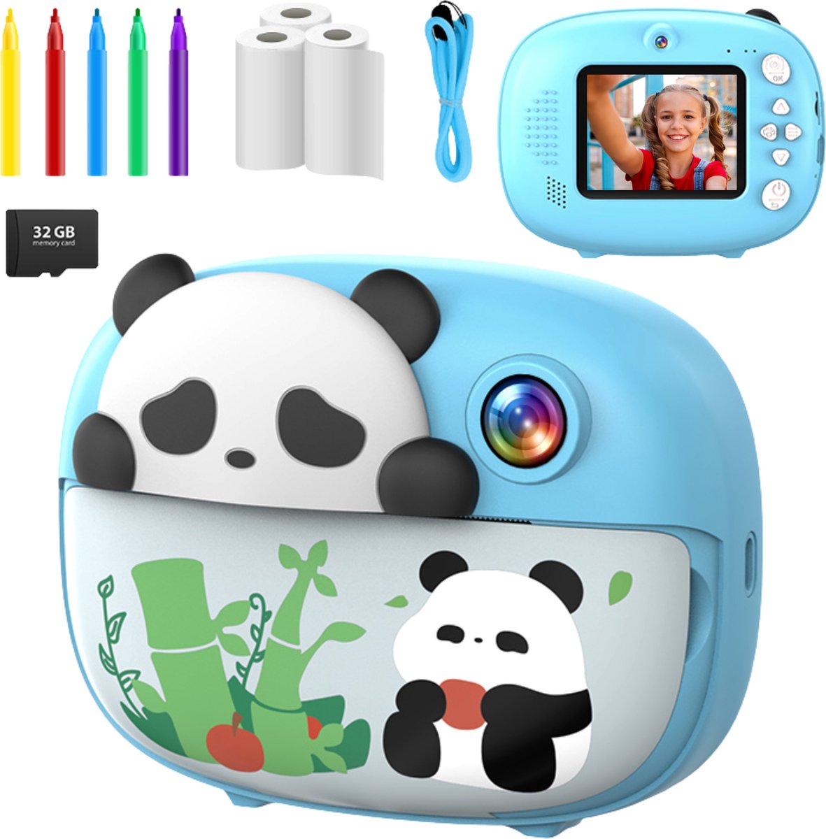 NovaWare 3 IN 1 Digitale Kindercamera + Instant print + speelcamera 32GB micro sd kaart camera kinderen Vlogcamera met games Fototoestel voor Kinderen Met videofunctie Blauw