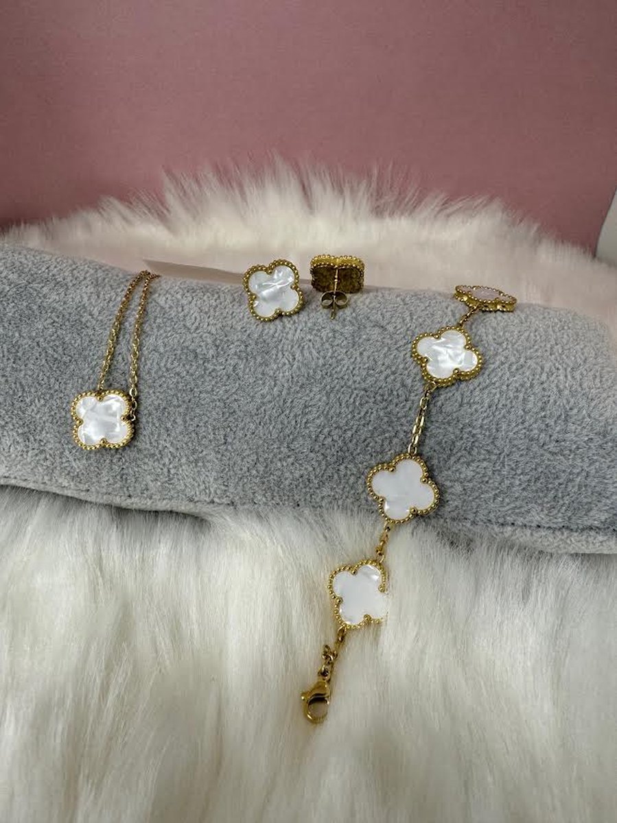 EHH BEAUTY - Luxe klaver set wit - Sieraad vrouw - Clover - Armband - Ketting - Oorbellen - Sieraden set- Klaver 15 mm
