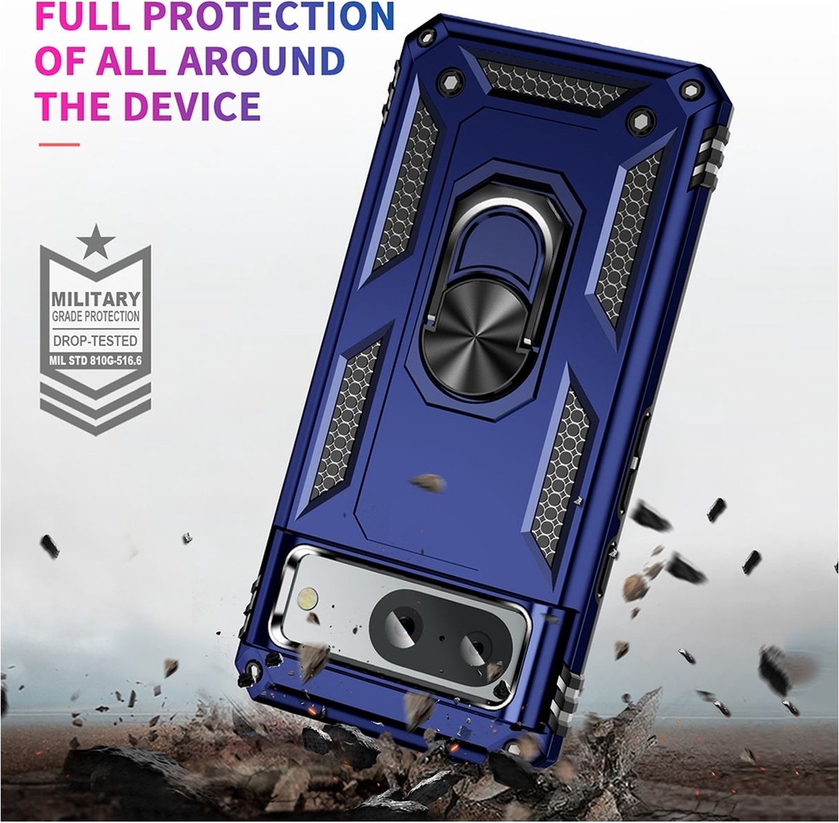 Mobigear Hoesje geschikt voor Google Pixel 8a Telefoonhoesje Hardcase | Mobigear Armor Ring Backcover Shockproof met Ringhouder | Schokbestendig Pixel 8a Telefoonhoesje | Anti Shock Proof - Blauw