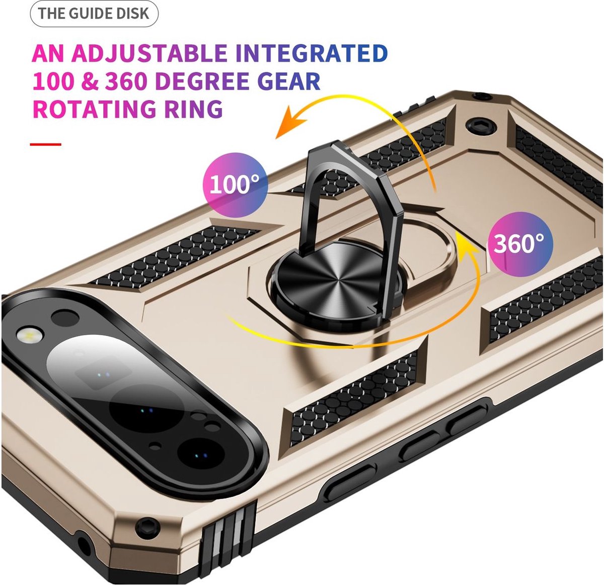 Mobigear Hoesje geschikt voor Google Pixel 9 Telefoonhoesje Hardcase | Mobigear Armor Ring Backcover Shockproof met Ringhouder | Schokbestendig Pixel 9 Telefoonhoesje | Anti Shock Proof - Goud