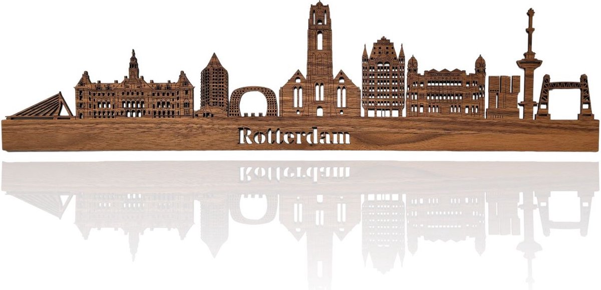 Skyline van Rotterdam Notenhout 150cm Wanddecoratie van hout