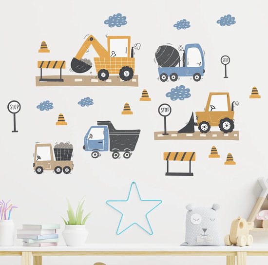 Muursticker Kinderkamer - Babykamer - Werkverkeer - Werkauto - Graafmachine - Auto's - 70x46cm - Jongen