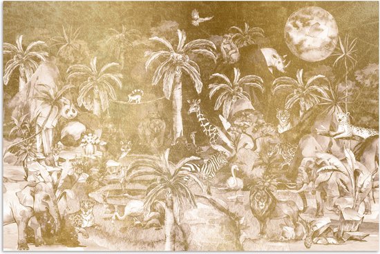 Poster kinderen - Jungle - Goud - Kinderen - Planten - Dieren - Poster in fotolijst kind - Kinderkamer decoratie - 120x80 cm - Schilderij voor kinderen