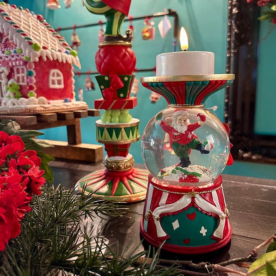 Viv! Boule à Noël de Noël avec Musique et LED + chandelier - Cirque Père Noël - rouge vert - 19 cm Résine / Rouge Multi