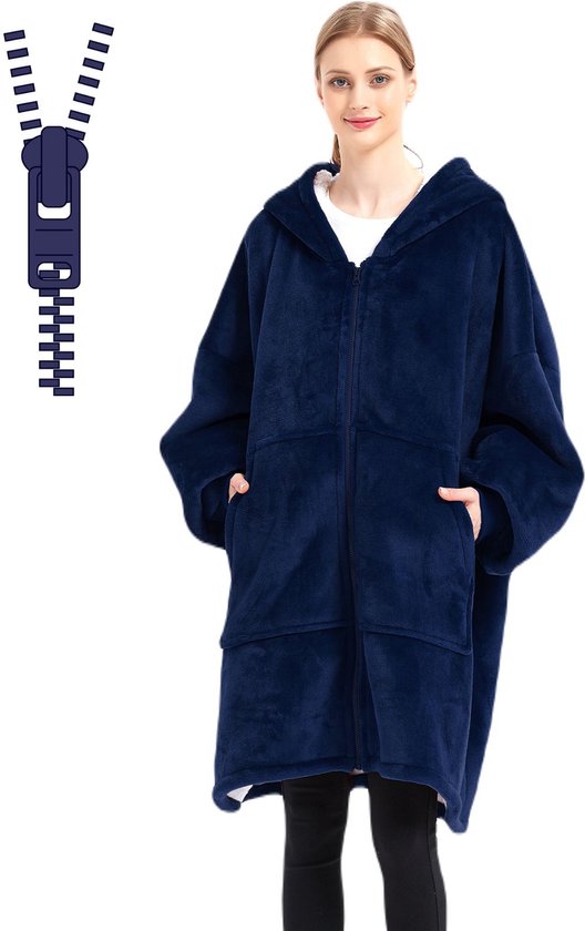 Q-Living Hoodie Deken - Oversized Hoodie - Plaid Met Mouwen - Snuggle Hoodie - Fleece Deken Met Mouwen - 1450 gram - Navy Blauw Met Rits