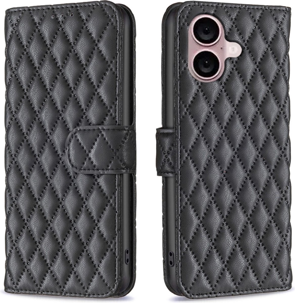 BINFEN Hoesje - Geschikt voor iPhone 16 Hoesje - BINFEN Rhombus Book Case - Zwart