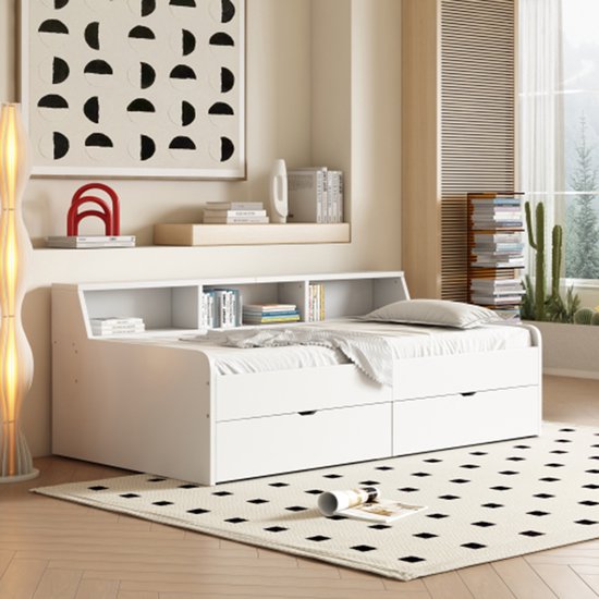 KOMHTOM Lit enfant 90x200 cm Lit de repos avec deux tiroirs et rangement blanc