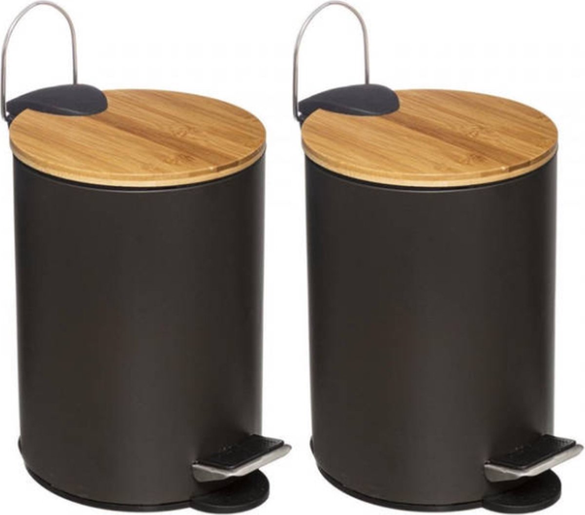 Goedkoopste IBBO® - 2x Luxe pedaalemmer - Prullenbak - 3 L - bamboo - Afvalemmer - Soft Close Deksel bamboo - Chique Design - Afvalzak Inkeping - Vuilnisbak Badkamer- 2 Stuks - Zwart en hout