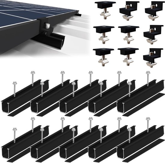 Zonnepaneelhouder voor 2 x modules, 12 cm aluminium profielrail verstelbare klem voor 30-35 mm dikke modules, zonnepaneelhouder, montageset voor plat dak, trapeziumplaat, metalen dak Zonnepaneelhouder voor 2 x modules, 12 cm aluminium profielrail verstelbare klem voor 30-35 mm dikke modules, zonnepaneelhouder, montageset voor plat dak, trapeziumplaat, metalen dak