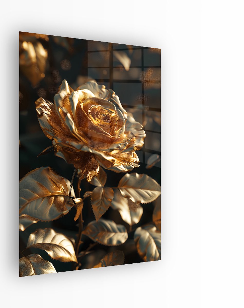 Indoorart Glasschilderij Gouden Roos 40x60 CM - Afbeelding op plexiglas - Inclusief montagemateriaal goud, zwart