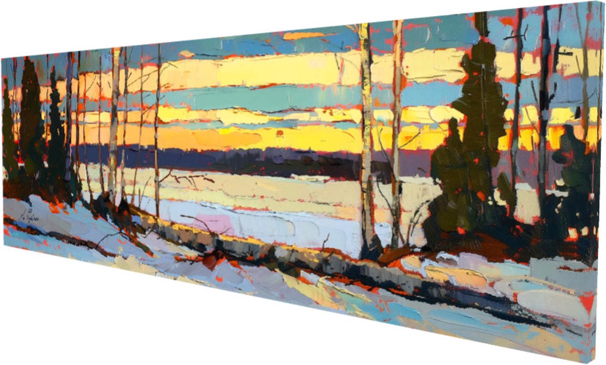 Kai Ingåilström - Scandinavisch / Canadees Landschap Panorama Winter Zonsondergang Schilderij No. 43 - Fine Art Print op Canvas 90x30 cm