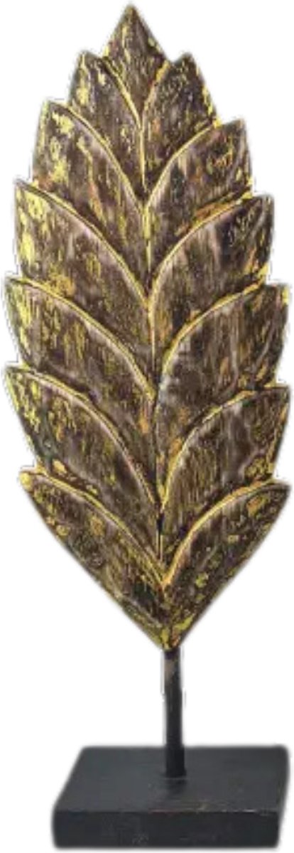 Blad/veer carving L op voet 54x19x9cm Zwart Goud hout| WA7984 | Woodart | Stoer & Sober Woonstijl