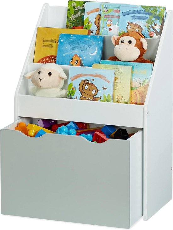 Relaxdays Bibliothèque pour Enfants, HxLxP : 70x50,5x28 cm, avec Coffre à Jouets, 3 Compartiments, MDF, Gris/Blanc