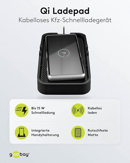 GooBay Qi oplaadpad met smartphone, ondersteunt 15W snelladen, draadloos opladen, telefoonhouder en antislip mat.