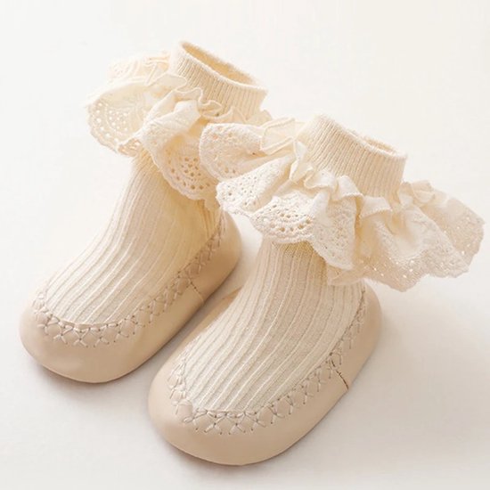 Foto: First walker slofjes antislip neutrale kleuren kraam cadeau eerste stapjes pantoffel met kant flexibel zooltje walkers schoentjes voor baby s kraamcadeau cadeau