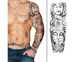 Tattoo Sleeve - Buddha Beeld Spiritueel Azië - Neptattoo Lichaam en Gezicht - Tijdelijke Henna Plak Tattoos - Nep Tatoeage - Fake Temporary Tattoo - Festival Make-up Outfit Volwassenen Kinderen