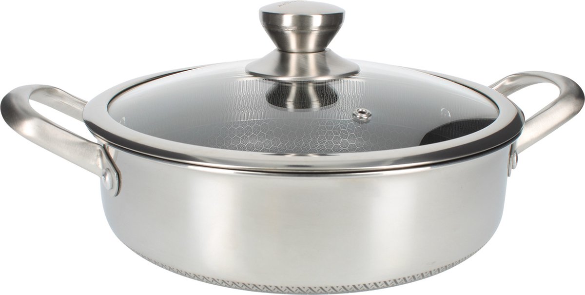 Cheffinger Lage Braadpan met Deksel - 24cm - RVS - Honingraat - Inductie